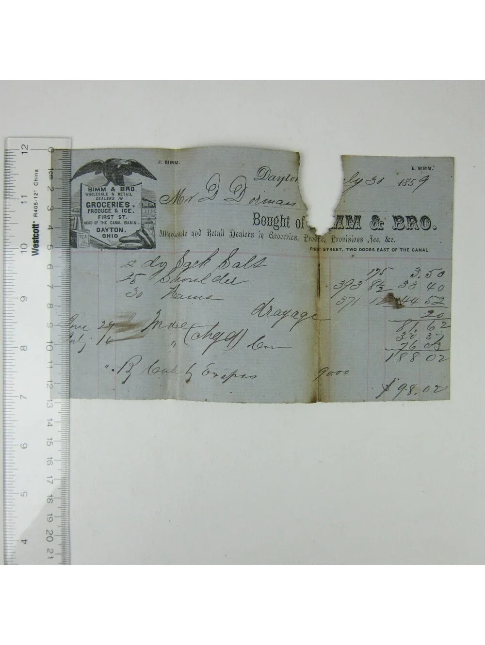 Bimm & Bro Wholesale Groceries Produce & Ice Dayton Ohio Invoice Antique 1859